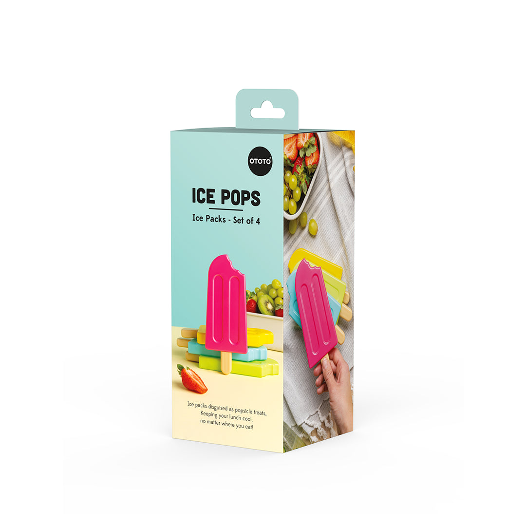 Box of OTOTO Ice Pop Ice Pack, a unique kitchen gadget set of 4 popsicle-shaped ice packs.