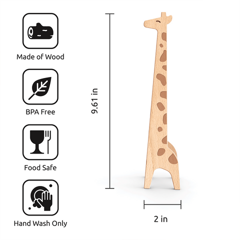 OTOTOs Jerry giraffe-shaped wooden tongs are BPA-free, food-safe, 9.61 tall, and hand wash only.