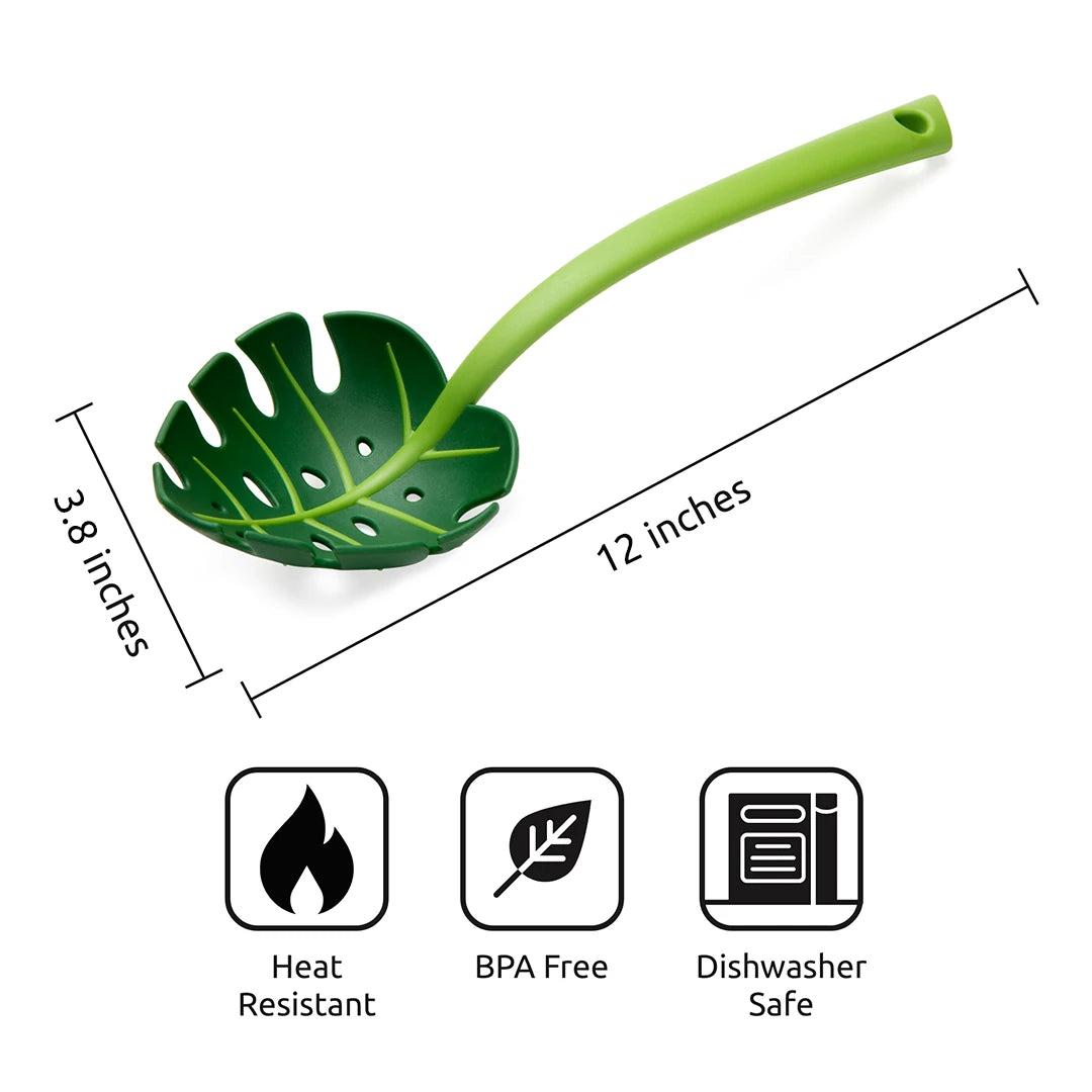 Green, leaf-shaped Jungle Spoon, 12x3.8; heat resistant, BPA free & dishwasher safe.