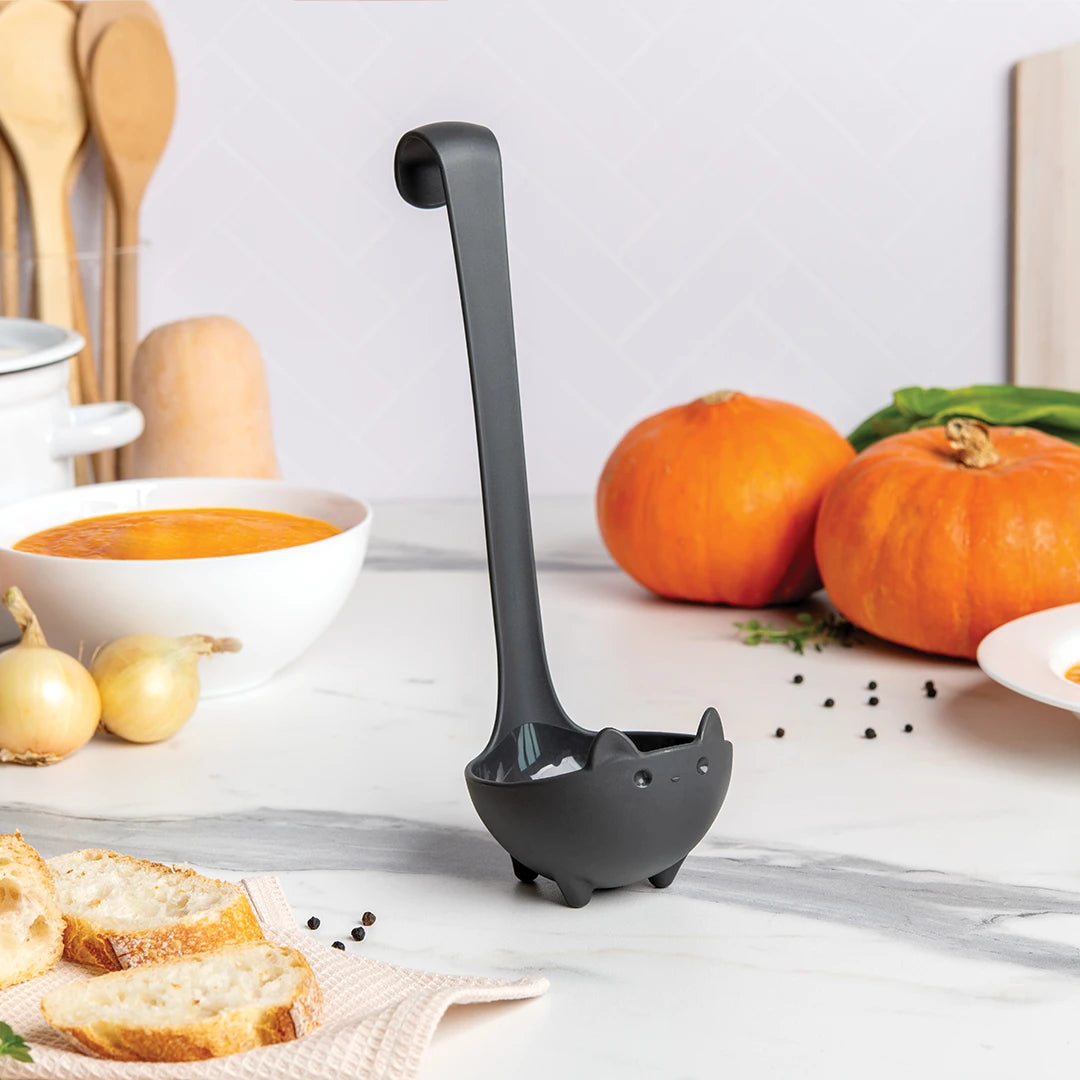 The OTOTO Katie, a black cat ladle, sits on the counter with pumpkins and soup in view.