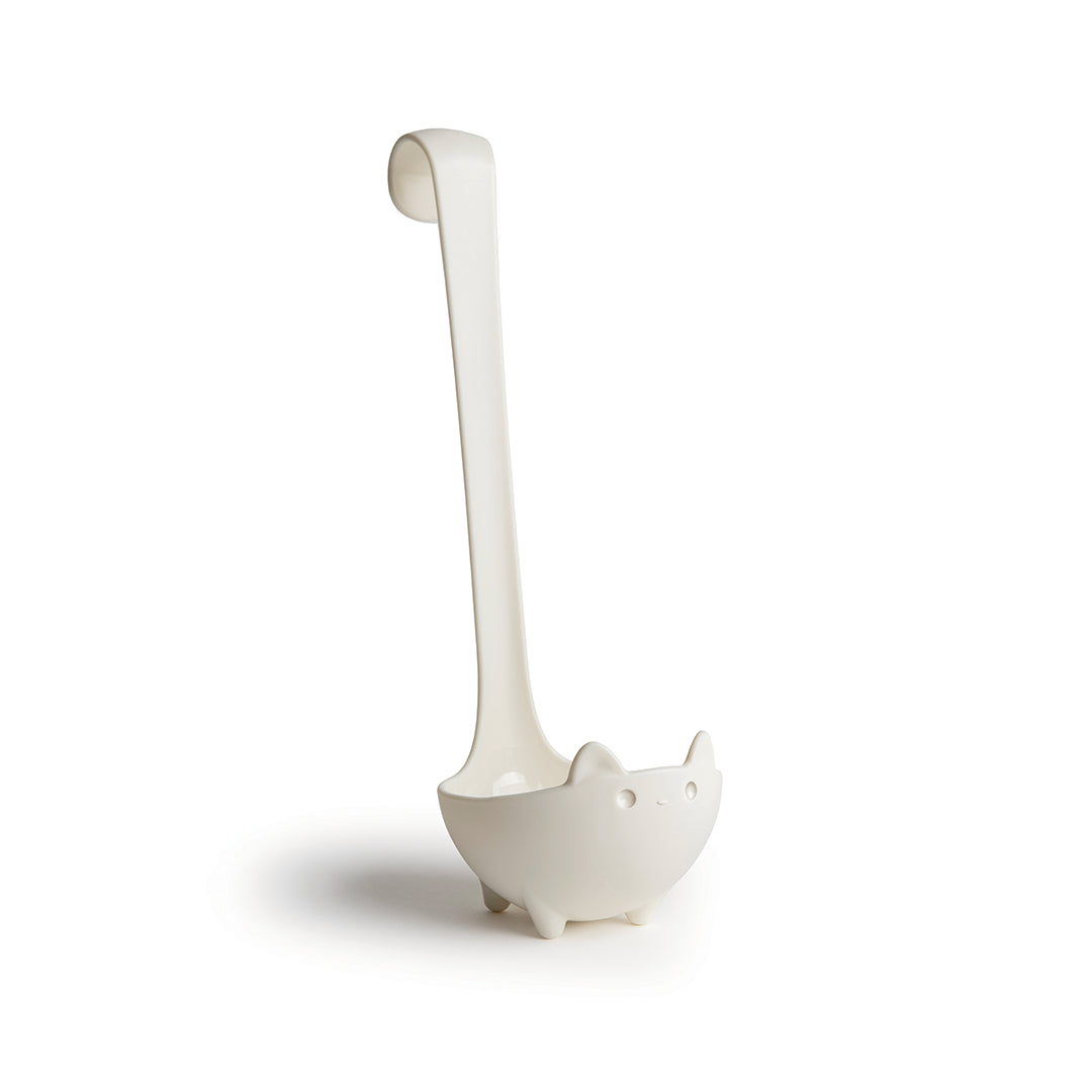 Katie: White ladle with handle, cat-shaped bowl, small feet, and ears.