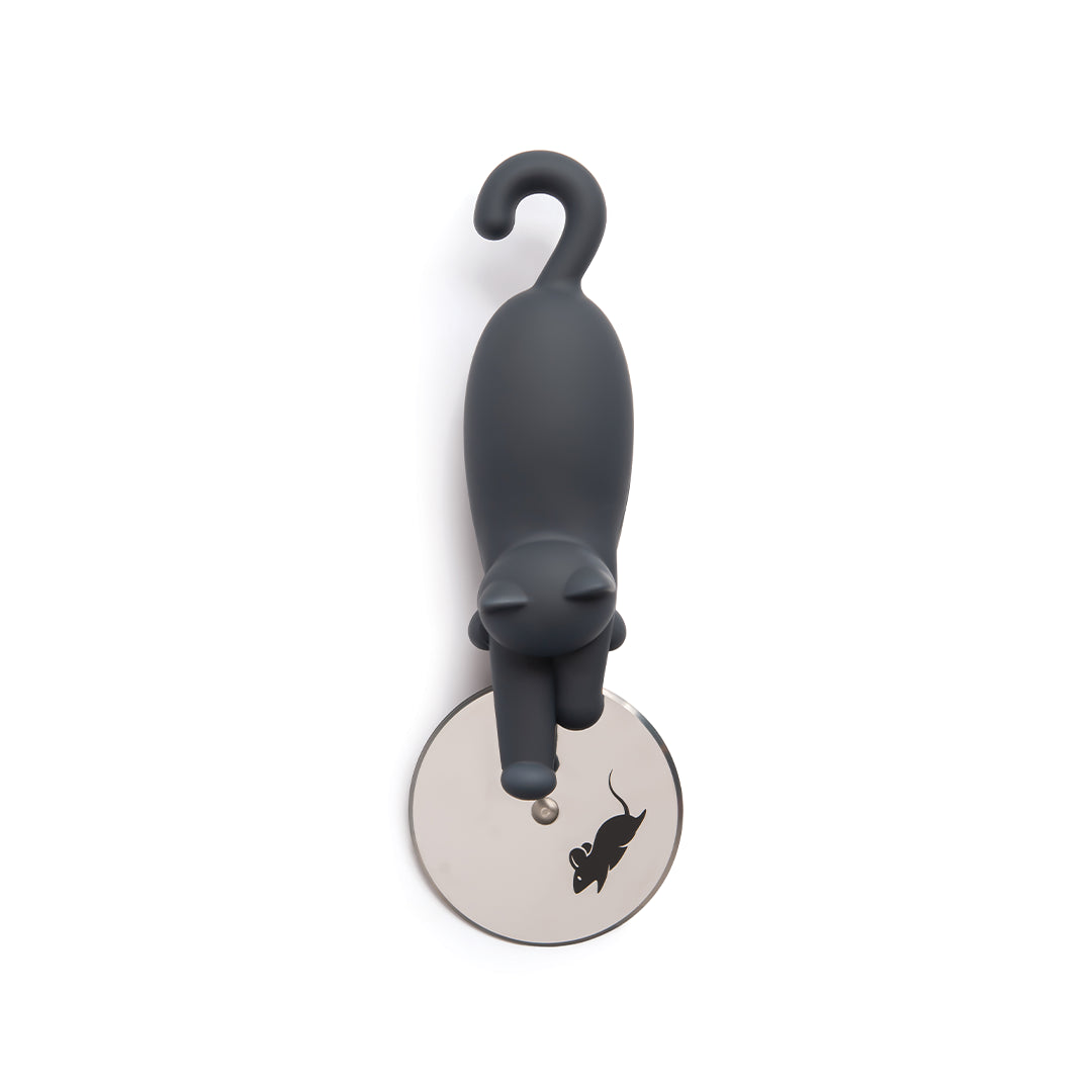 OTOTOs Kitty-Cut is a black cat-shaped cutter with a metal blade and mouse silhouette.