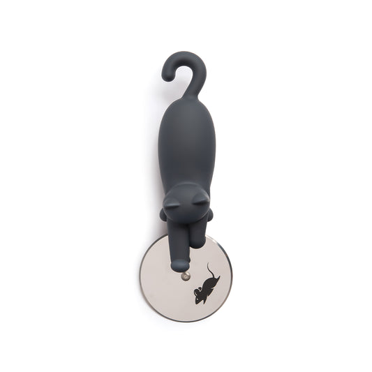 OTOTOs Kitty-Cut is a black cat-shaped cutter with a metal blade and mouse silhouette.