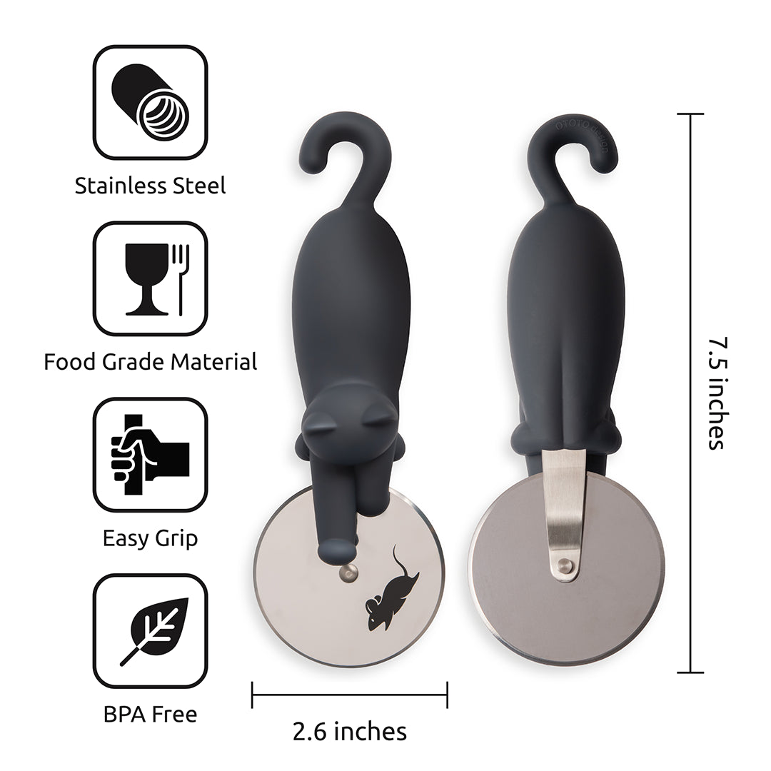 Kitty-Cut by OTOTO: Cat-shaped stainless steel pizza cutter, easy grip, BPA-free. Size: 7.5x2.6 inches.