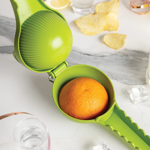 Lemongator on a marble surface with an orange inside, surrounded by chips and ice cubes.