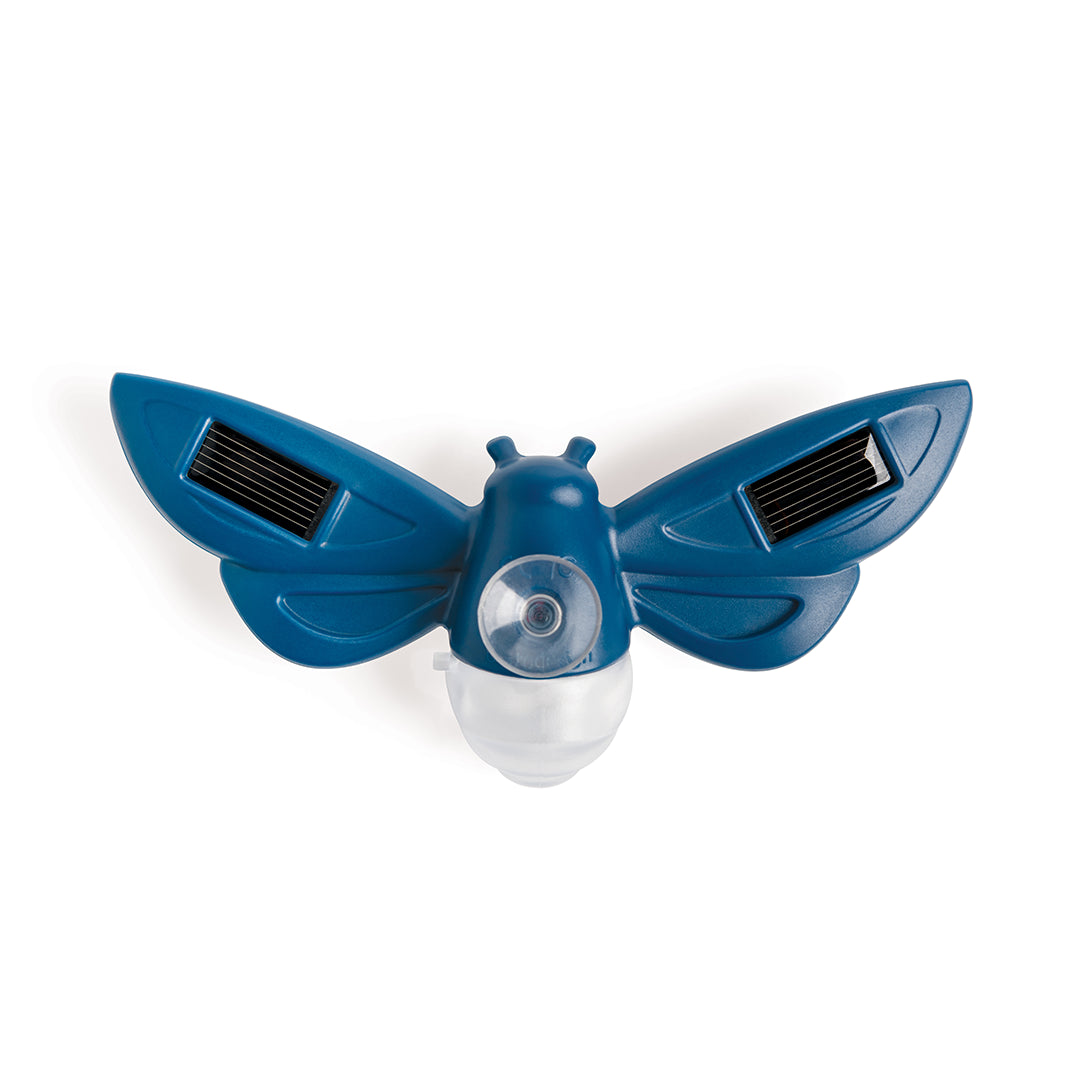 Solar-powered Lightbug with a blue insect shape, wings, and central light, seen from above.
