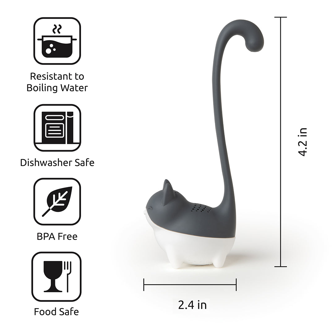 OTOTOs Louie infuser, cat-shaped with safety icons, measures 4.2 x 2.4 inches.