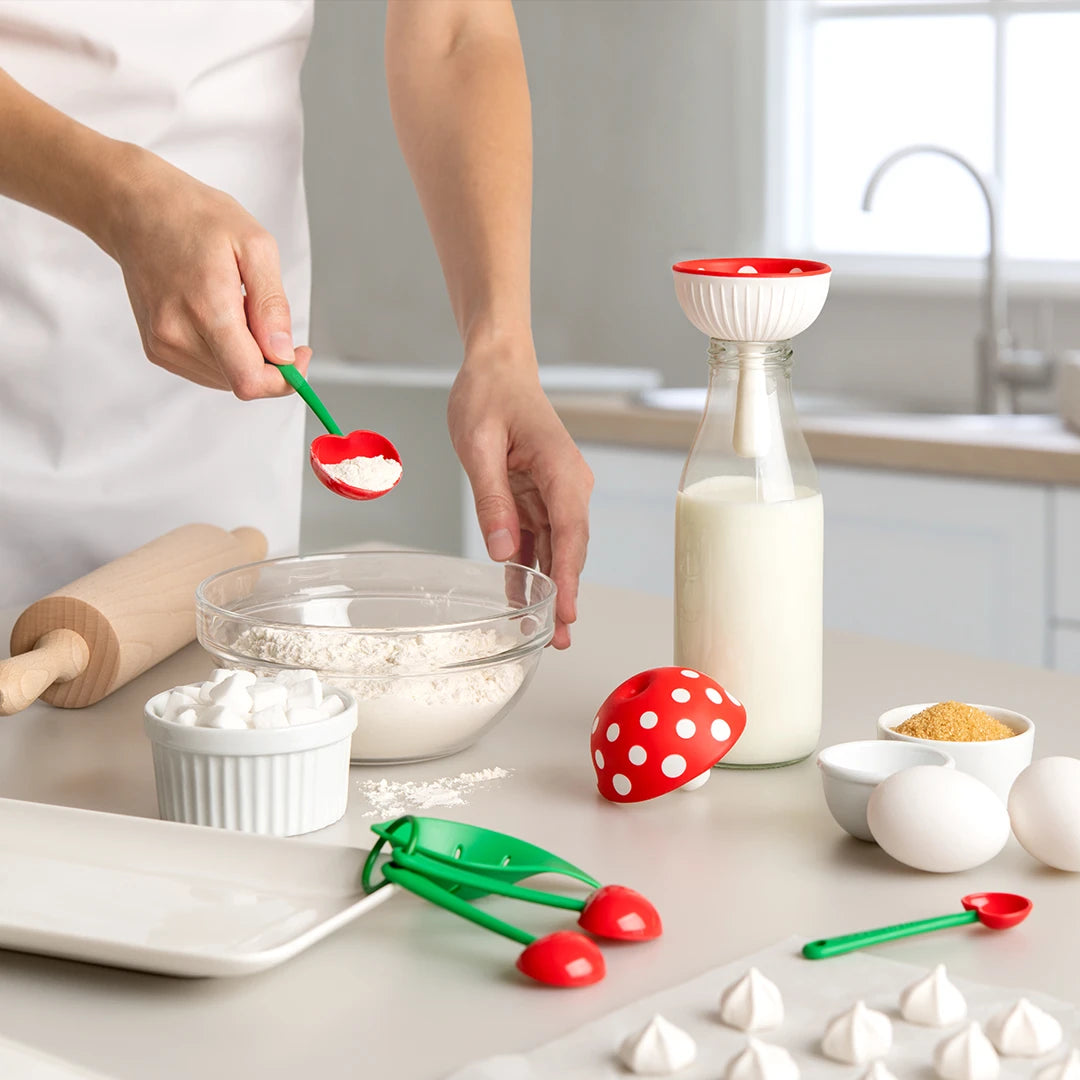 Person adding flour to a bowl with an OTOTO Fungilicious funnel, surrounded by baking tools.