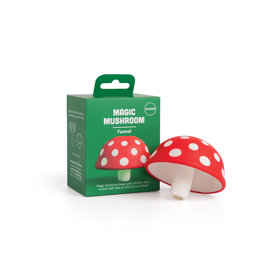 Fungilicious funnel by OTOTO in red and white, next to the green Magic Mushroom Funnel box.