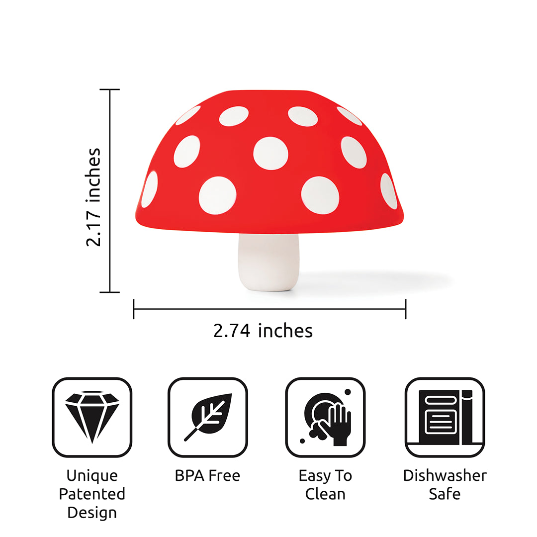 Fungilicious by OTOTO: A red and white mushroom-shaped product with dimension icons below.