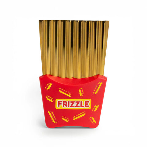 A red Frizzle holds shiny gold sticks shaped like waffle fries.