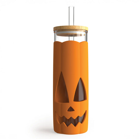 The Jack-o-Cup glass tumbler with bamboo lid and straw channels pumpkin spice vibes on white.