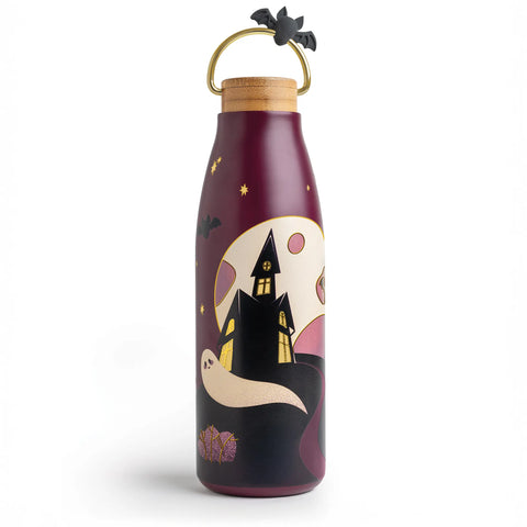 Boo!tle: Purple insulated bottle with haunted house, ghosts, bats, stars & gold handle with bat charm.