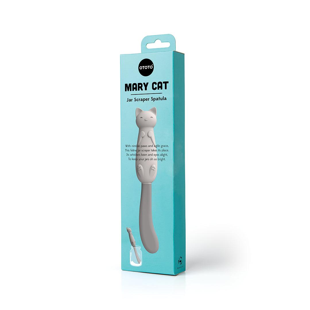 Box of OTOTO Mary Cat, a jar scraper spatula with a cat handle, in light blue packaging.