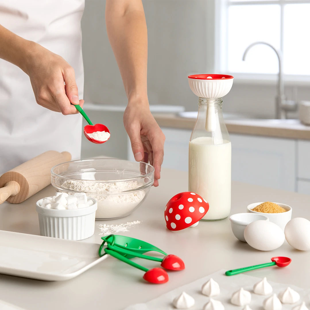 Baker measures flour with Mon Cherry red spoon, surrounded by an egg separator and baking ingredients.