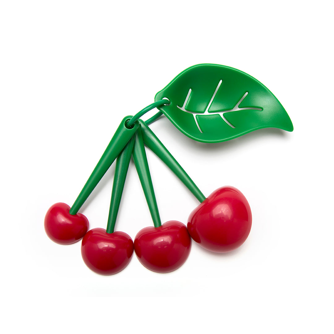 Mon Cherry: Plastic red cherries with green stems and a leaf, perfect for cooking & baking décor.