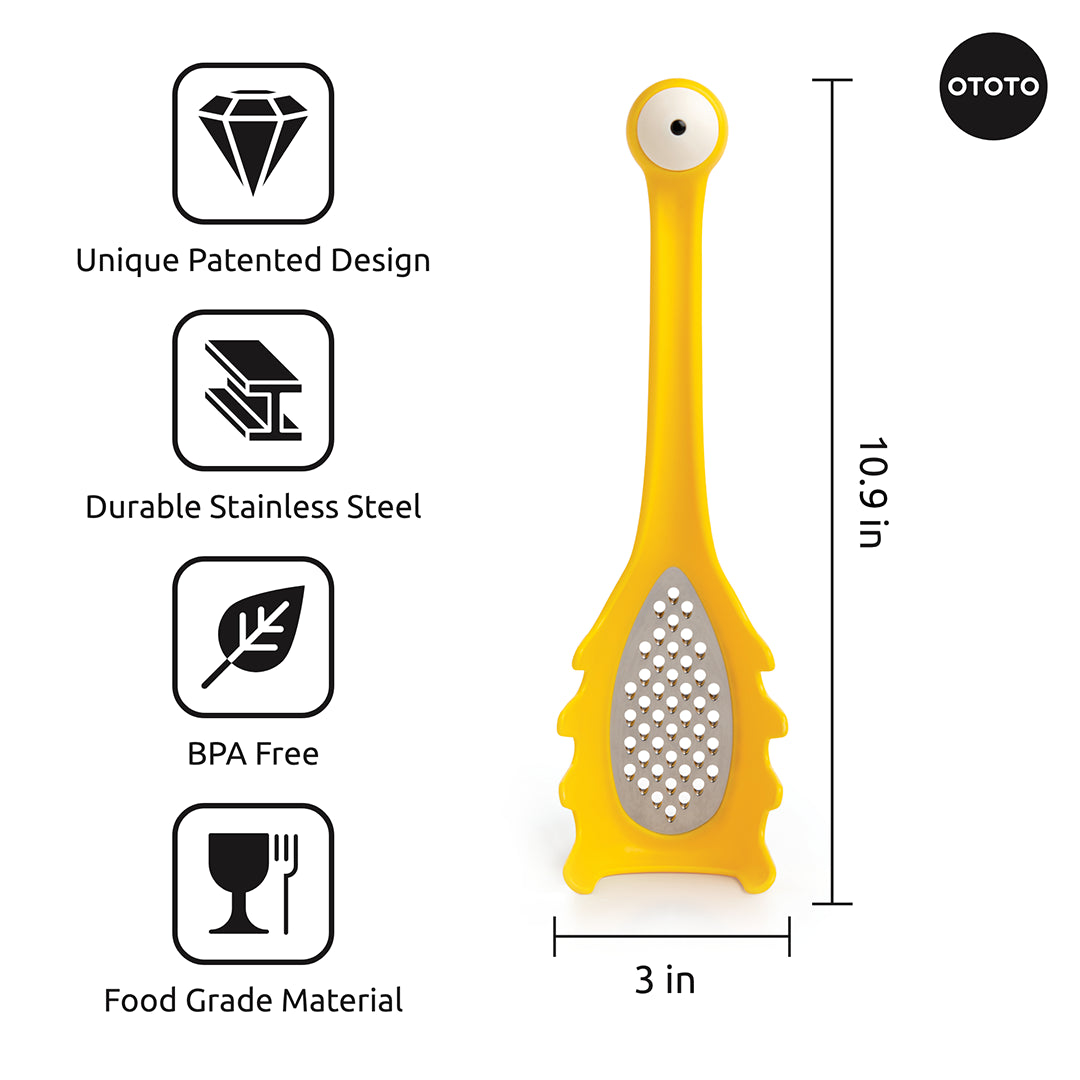 OTOTO Multi Monster: yellow cheese grater with unique design, stainless steel, BPA-free, food grade.
