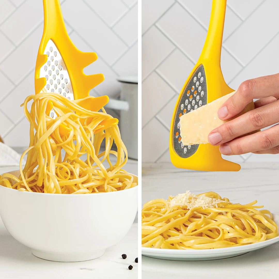Yellow pasta tool holding noodles; hand grating cheese over pasta.