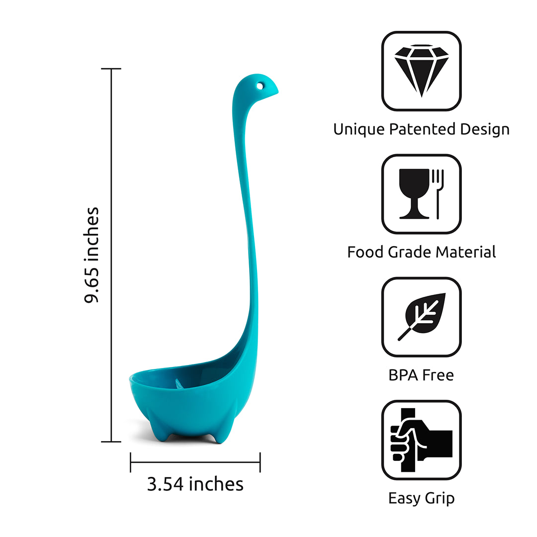 Teal Nessie ladle: dinosaur design, food-grade, BPA-free, with an easy grip handle.