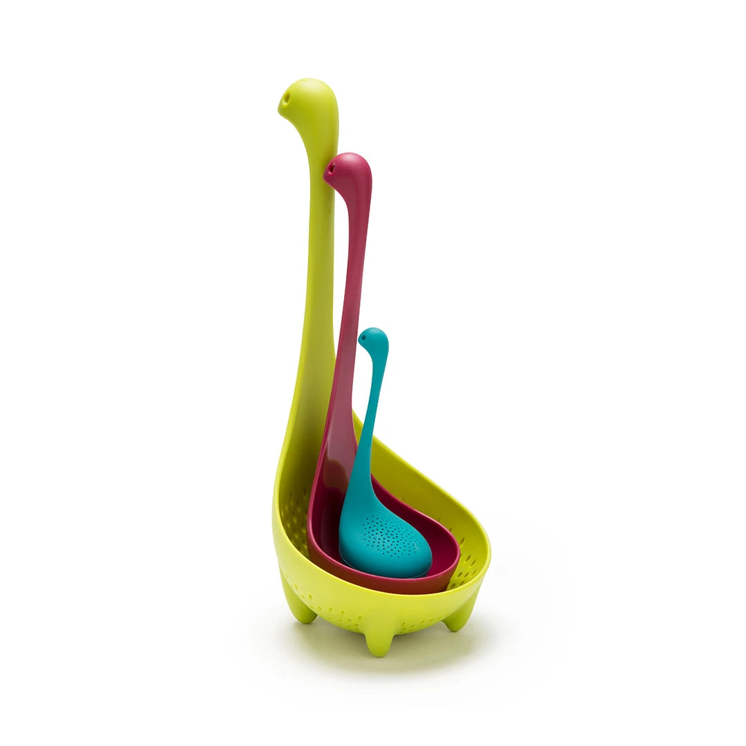 The Nessie Family: three dinosaur-shaped OTOTO ladles in green, pink, and blue.