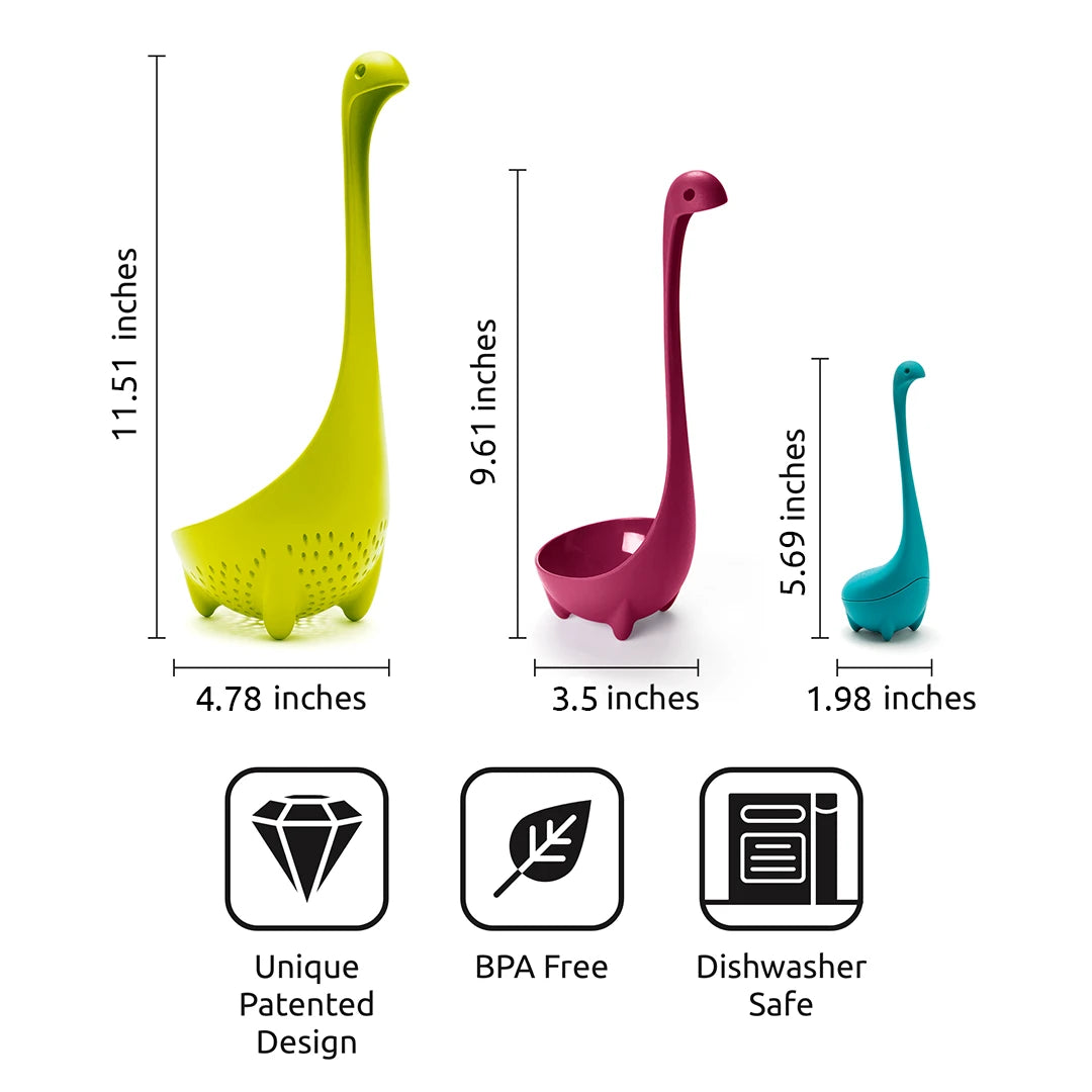 Three colorful OTOTO Nessie Family kitchen gadgets, dinosaur-shaped with size annotations and icons.