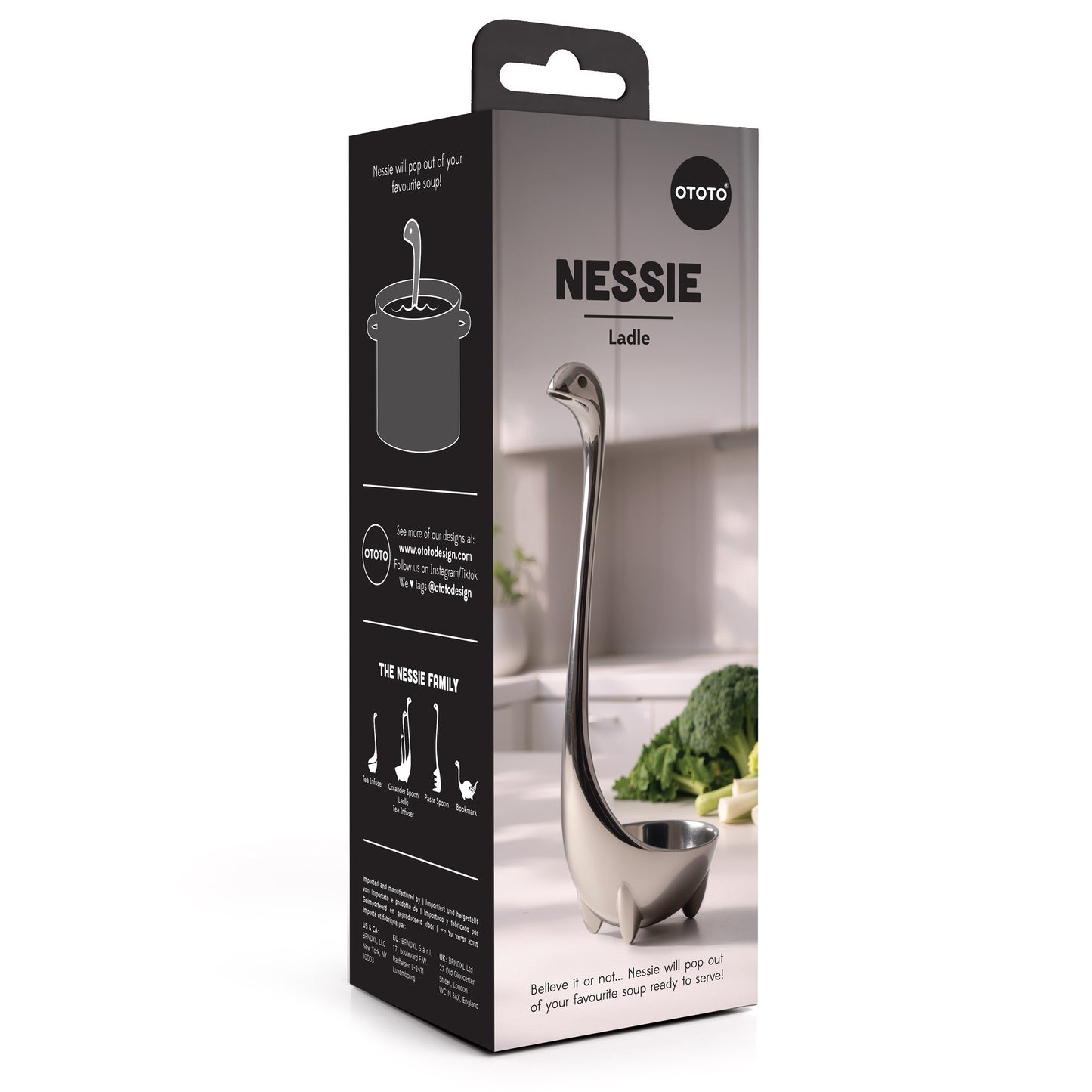 Metal Nessie, your quirky kitchen companion, stands tall on the counter in its packaging.