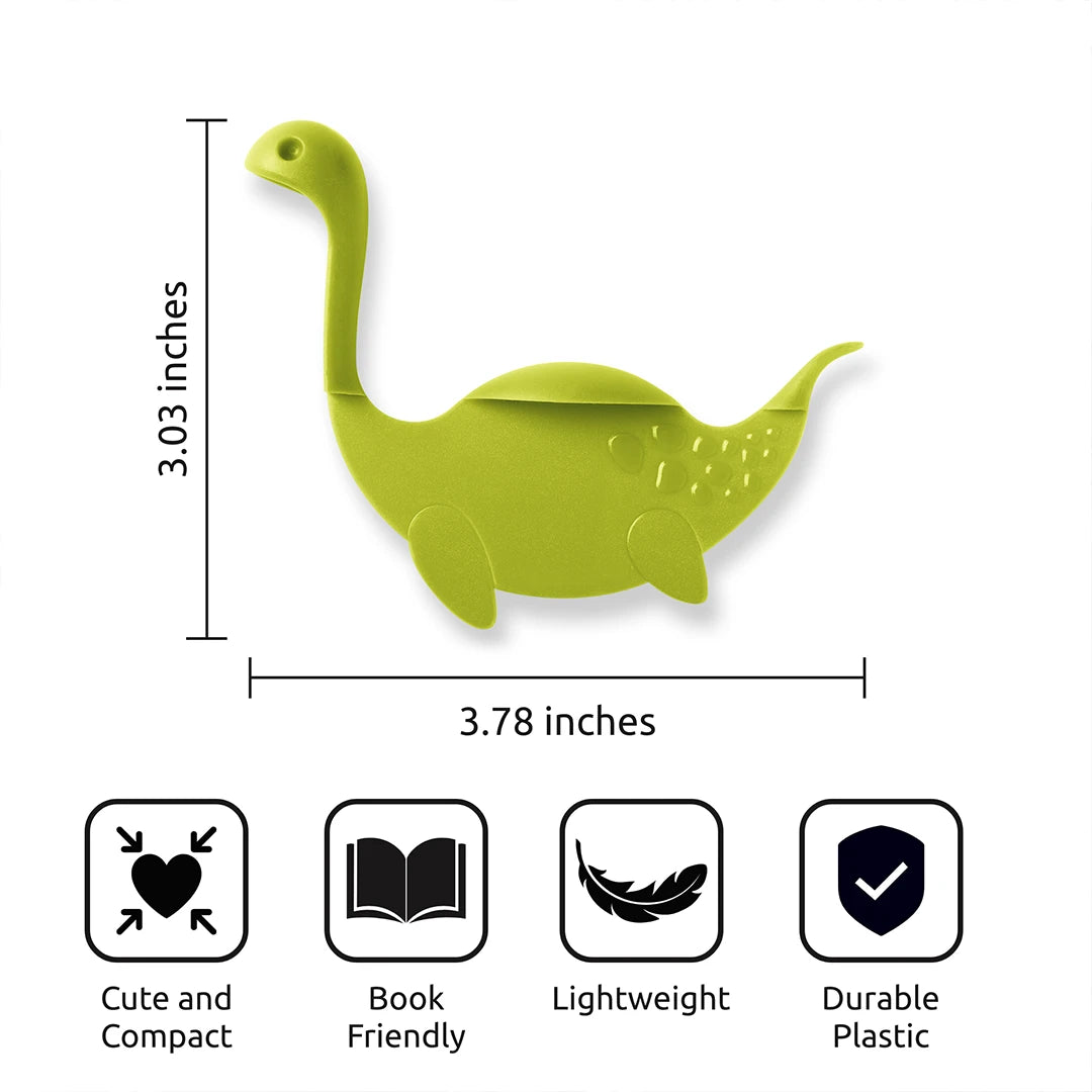 Green dinosaur-shaped Nessie Tale bookmark by OTOTO; cute, book-friendly, lightweight, and durable.