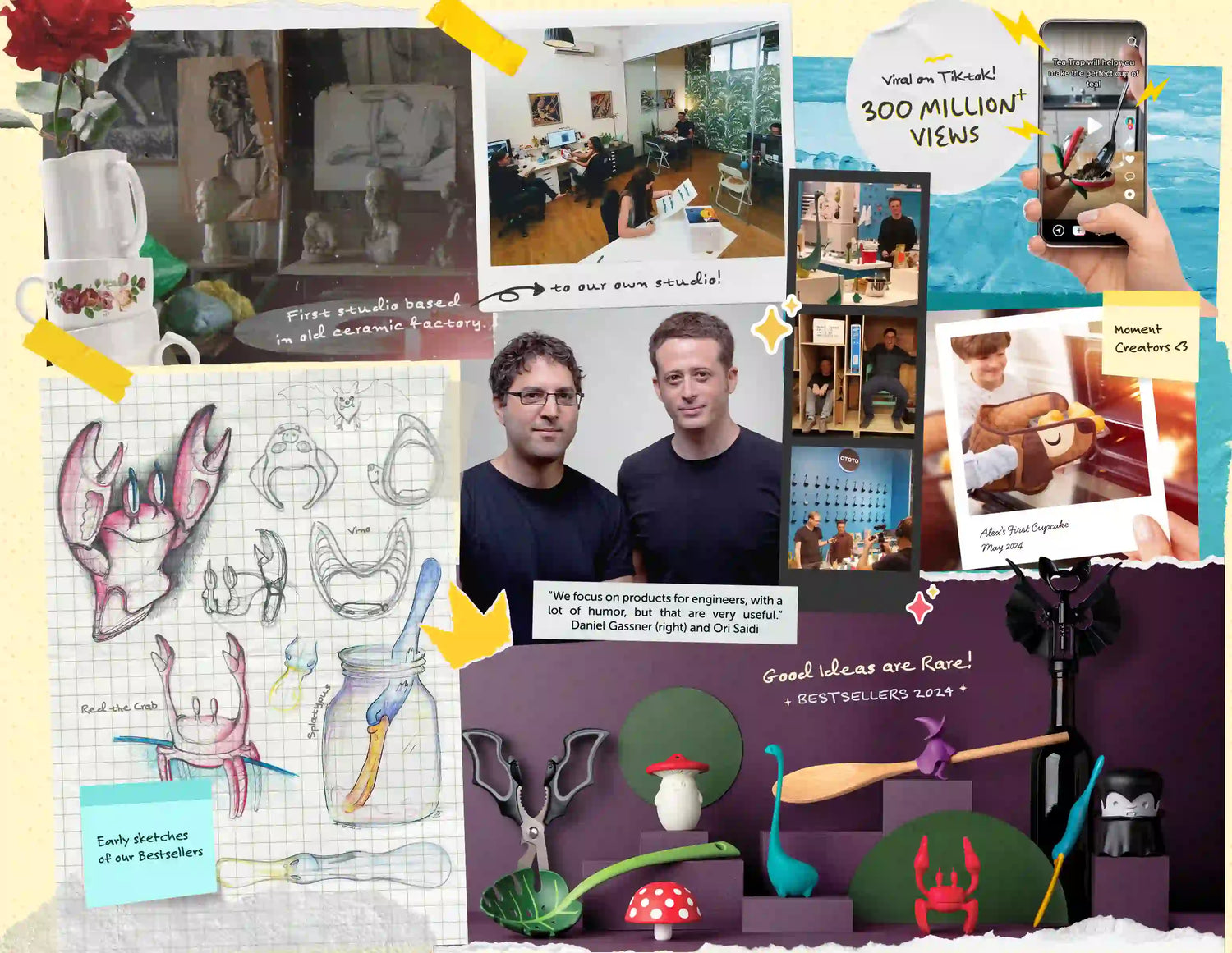 A collage showcasing design sketches, gadgets, two men, and various images of tech products in use.