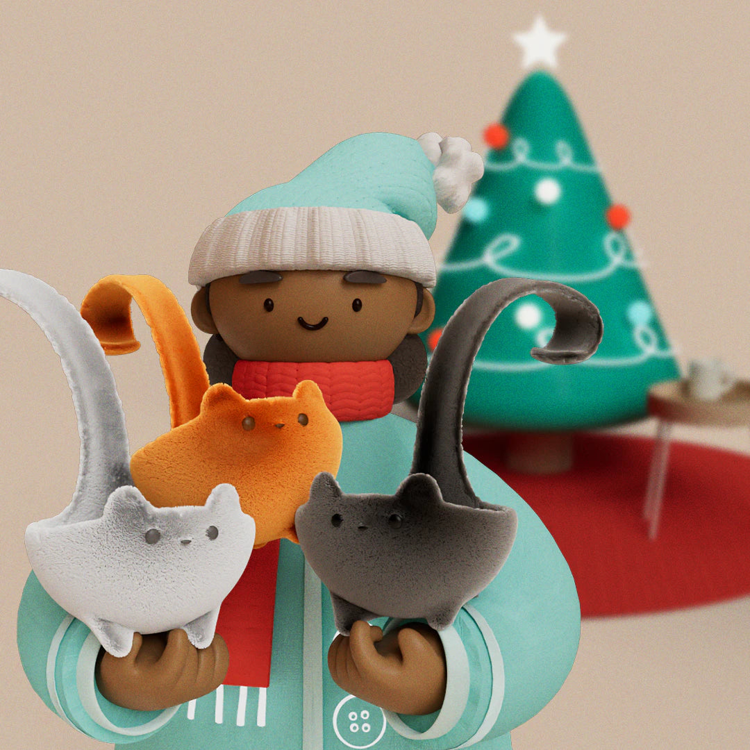 Cartoon figure holding cat-shaped mittens with a decorated Christmas tree in the background.
