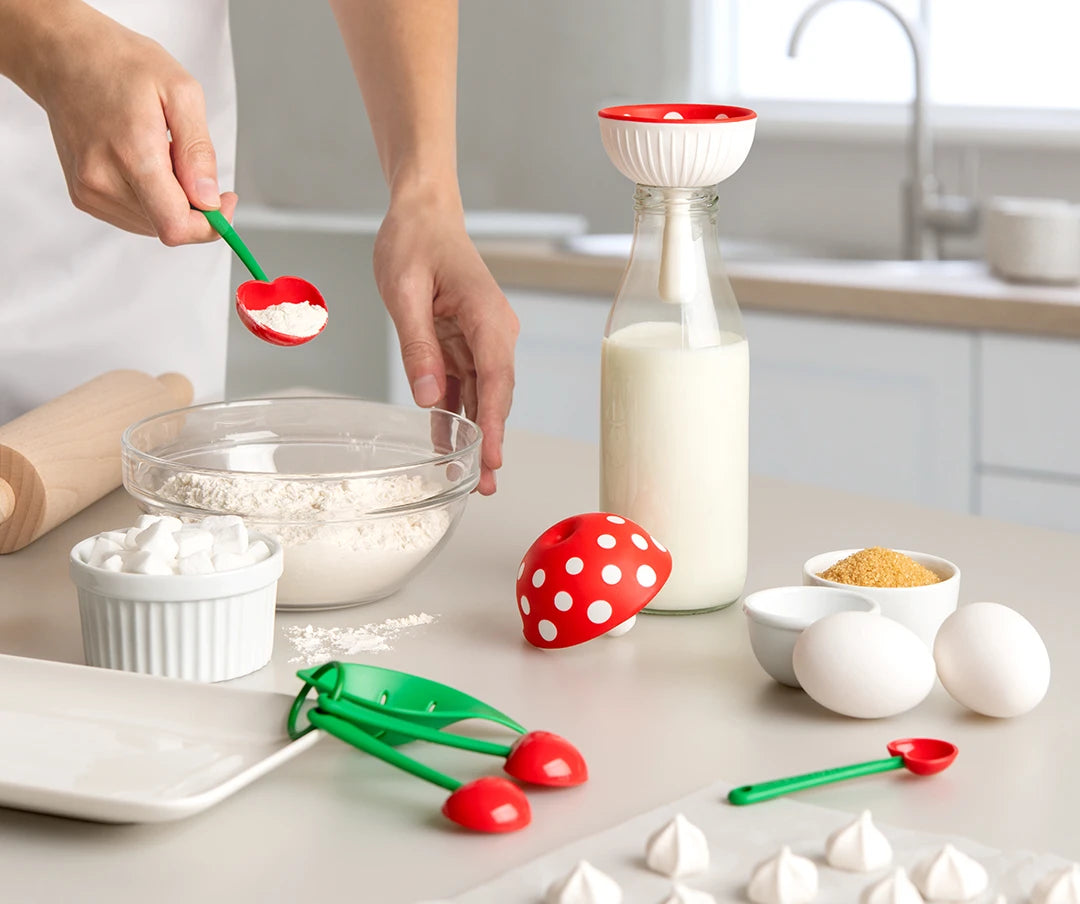 Person adds flour to a bowl, surrounded by baking tools and ingredients in a kitchen setting.