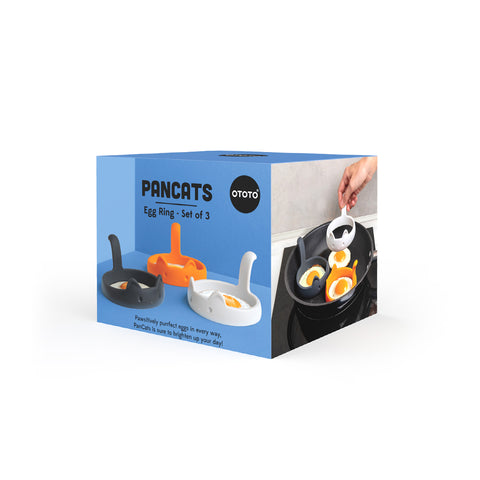 Box of PanCats cat-shaped egg rings with 3 molds for frying eggs in black, orange, and white.