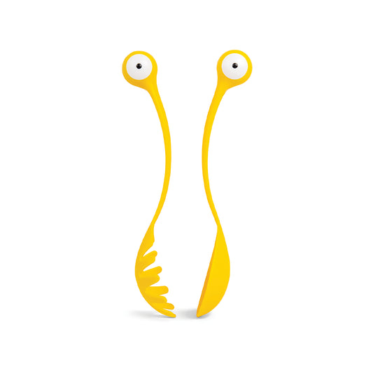 Pasta Monsters by OTOTO: A vibrant yellow spaghetti spoon and spatula, featuring eye-like handles.