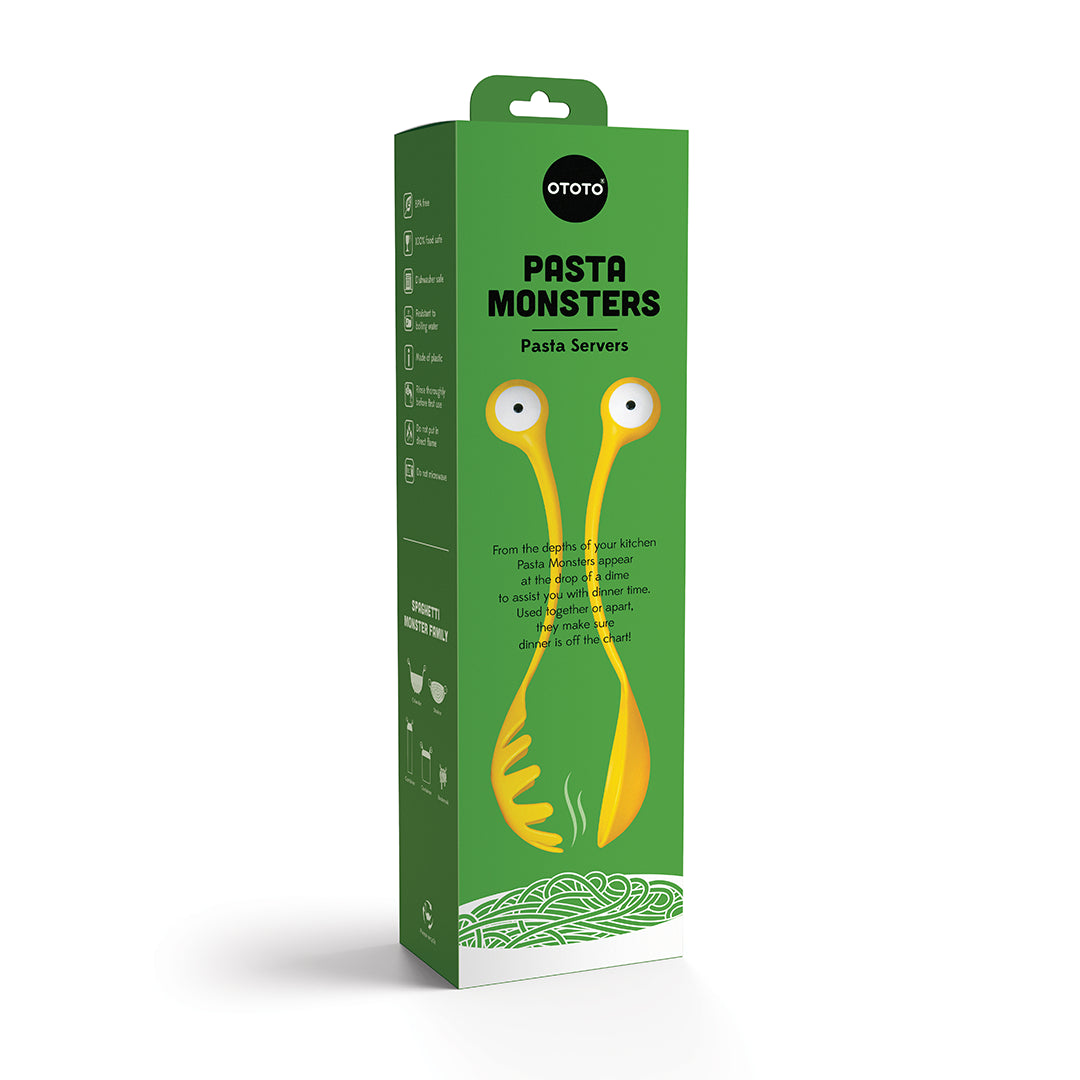The Pasta Monsters set by OTOTO includes a vibrant yellow monster-eye spoon and fork.