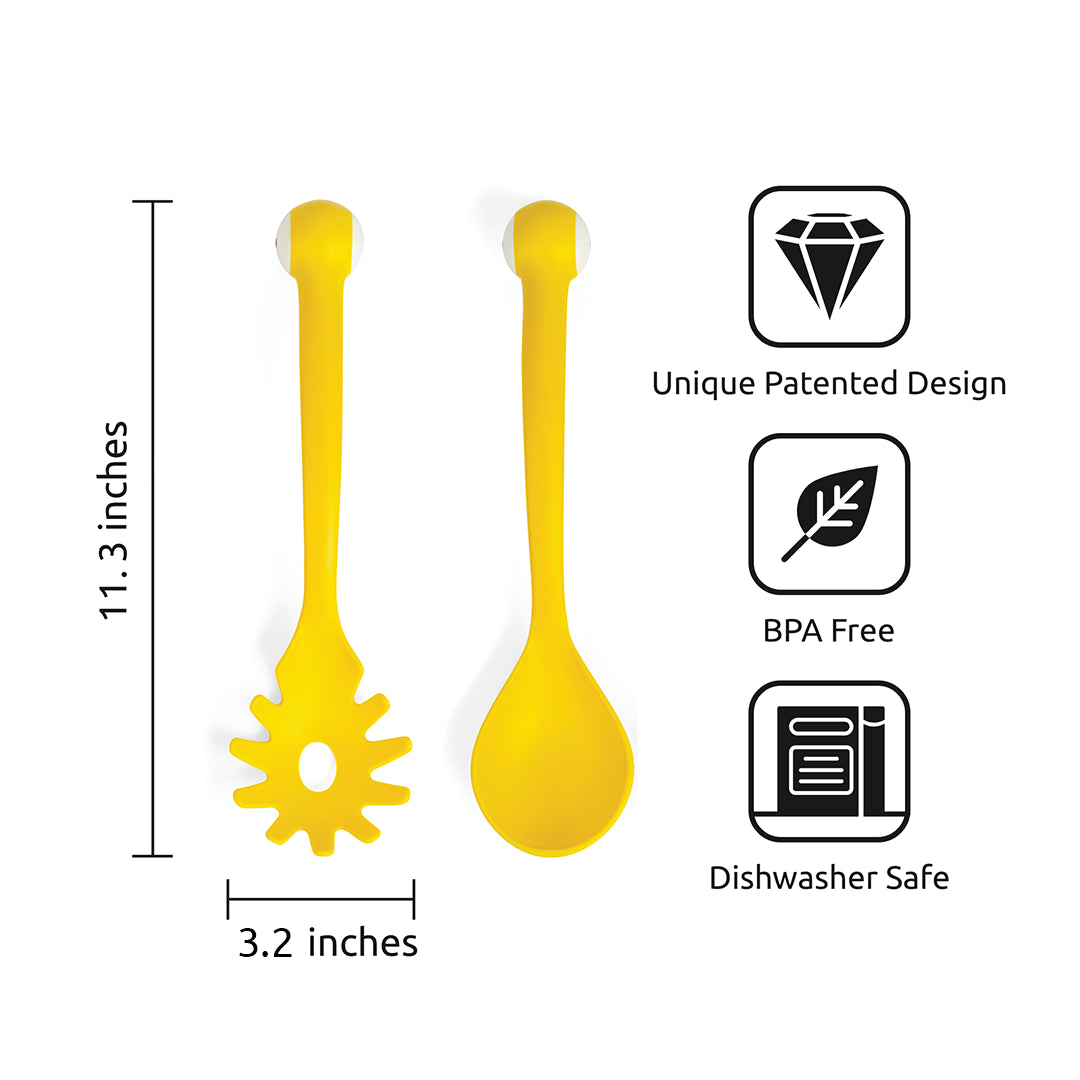 Two yellow OTOTO Pasta Monsters with a unique patented design, BPA-free, dishwasher safe. Dimensions shown.
