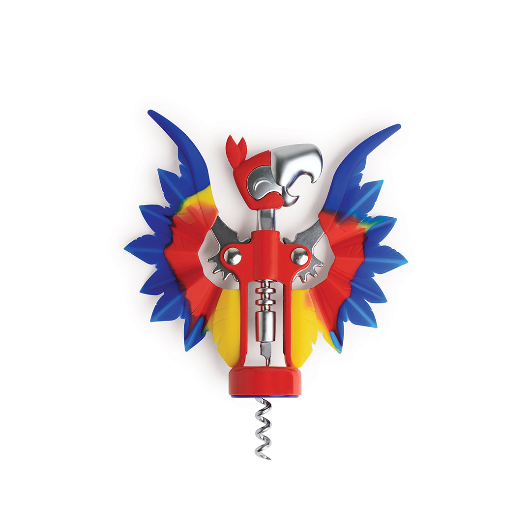 The Pinot wine opener by OTOTO, with vibrant blue, yellow, and red parrot wings, pops on a white background.