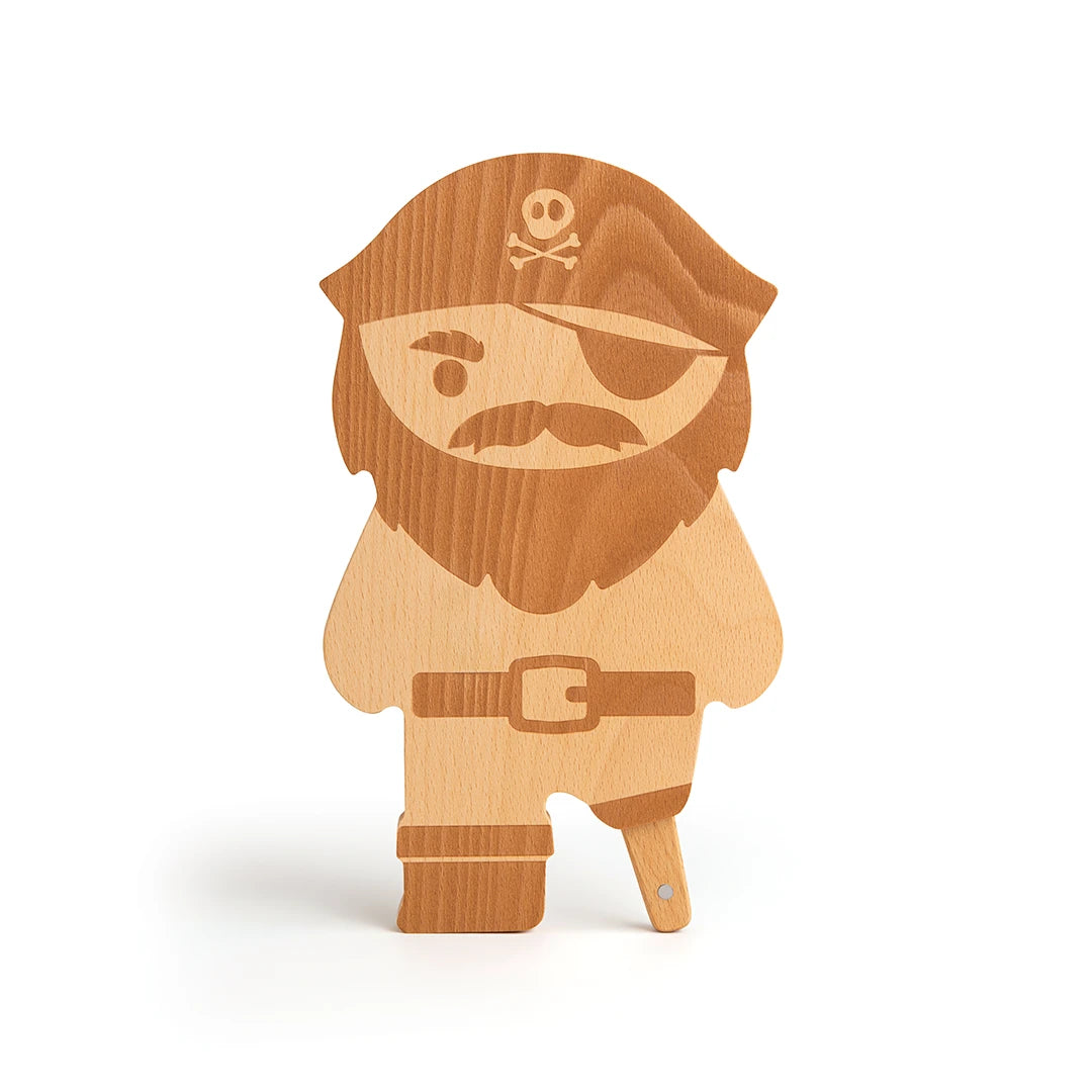 Wooden figure of a bearded pirate with an eyepatch, peg leg, and a Pirate Board hat.