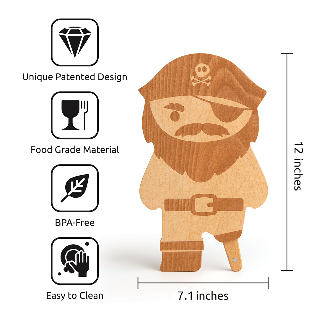 Pirate Board: BPA-free wood cutting board thats easy to clean and features a patented pirate design.