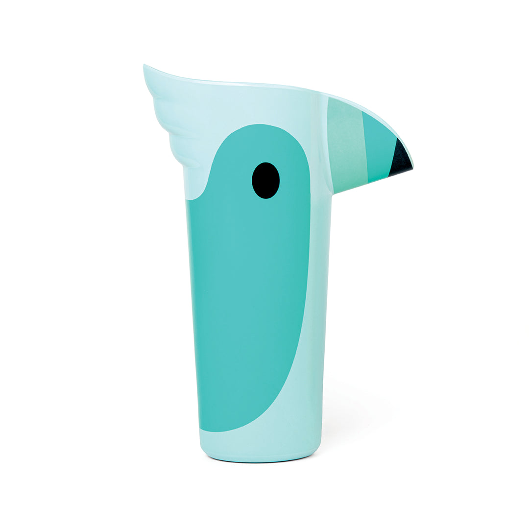 Teal bird-shaped Polly pitcher by OTOTO, featuring a black eye and a stylized beak.
