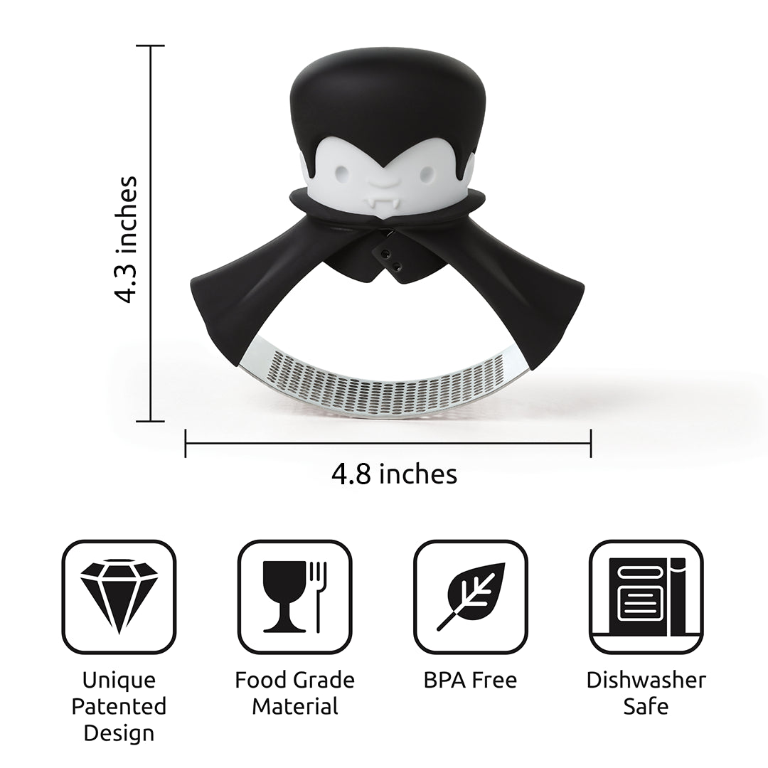 Rockula garlic crusher: Black & white vampire design, 4.3x4.8, unique BPA-free kitchen tool.