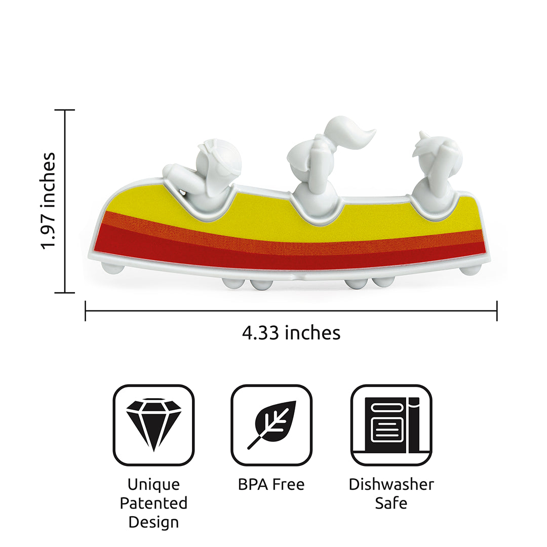 Rollerama rubber duckies in a yellow boat: Unique Design, BPA Free, Dishwasher Safe.