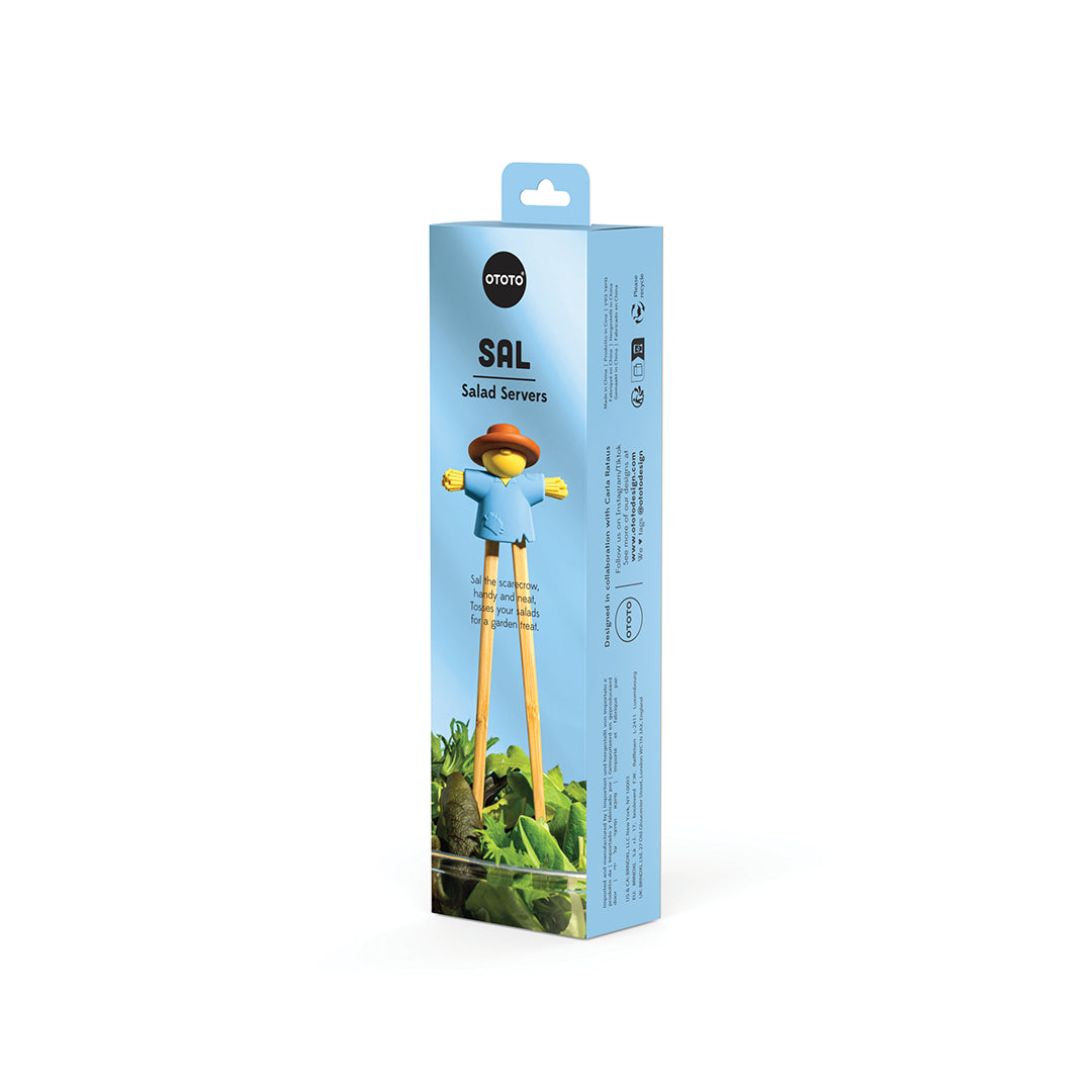 Blue box featuring Sal salad servers—scarecrow-shaped home accessories by OTOTO.