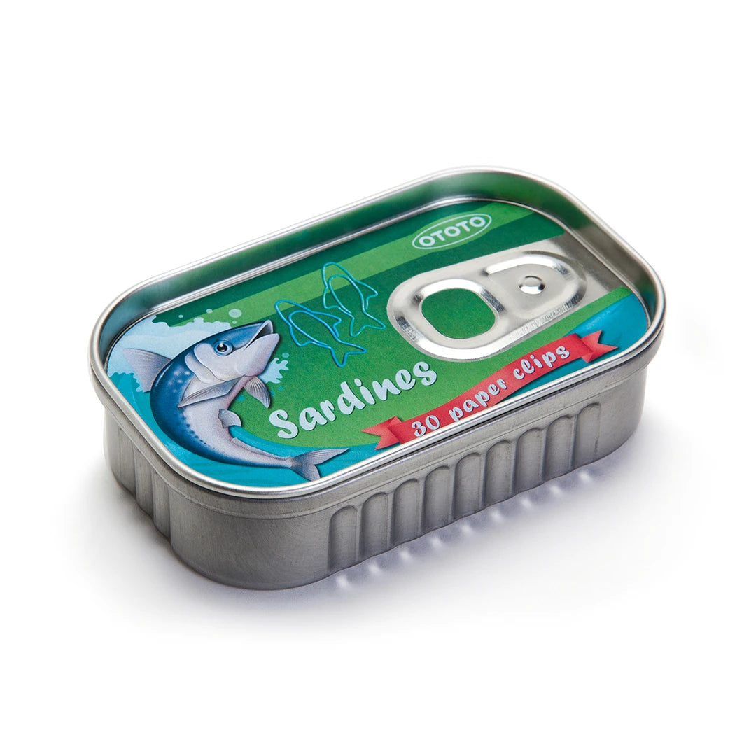 OTOTOs Sardine Paper Clips come in a tin featuring fish-shaped clips and art on the lid.
