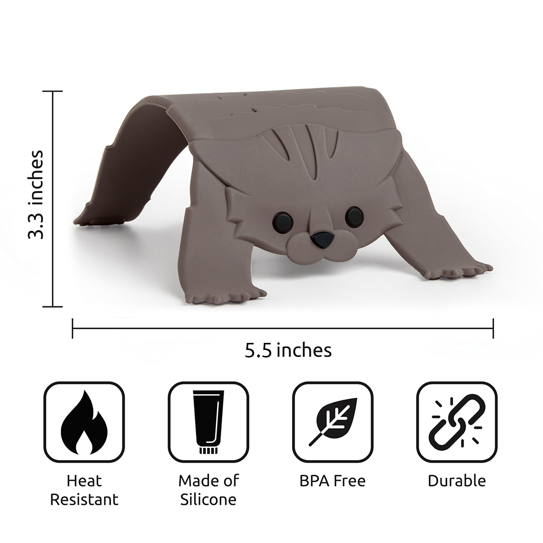 Scaredy Cat silicone lid holder by OTOTO is durable and heat-resistant, with dimensions shown.