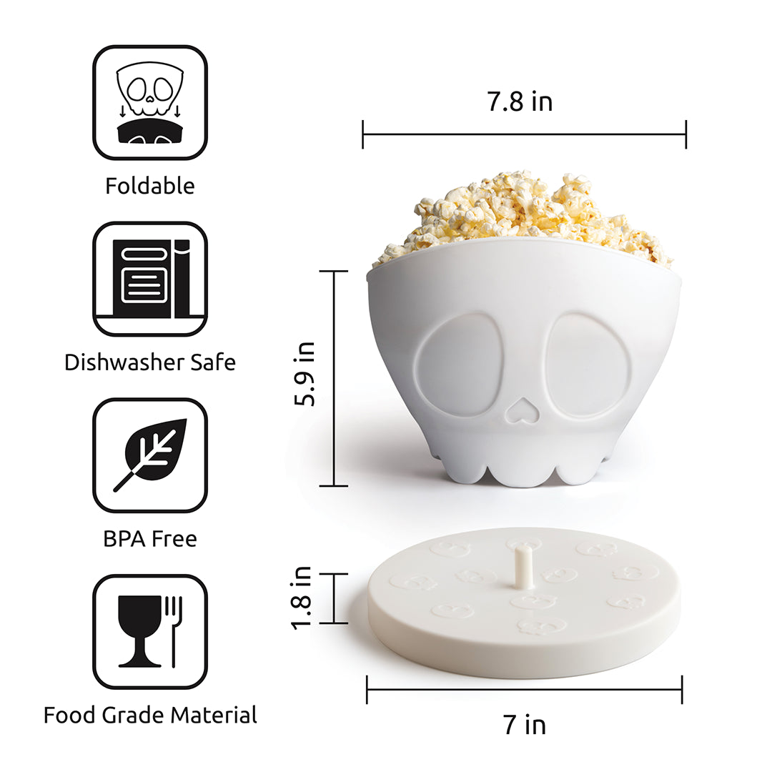 Scary Poppings: BPA-free, foldable skull popcorn bowl with lid; dishwasher safe for a spooky movie night.