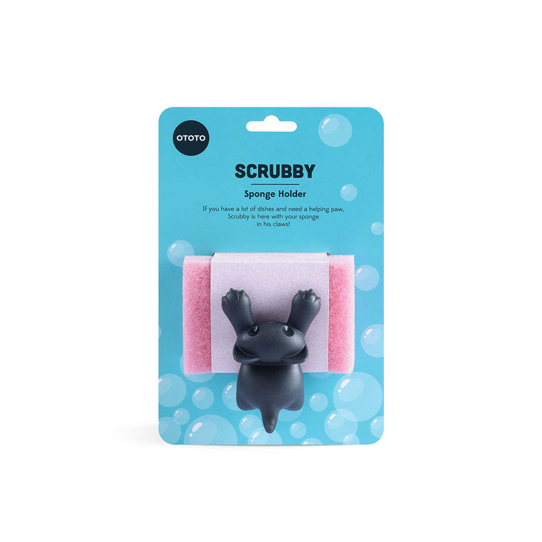 OTOTO feline sponge holder, black climbing animal on blue Scrubby packaging with bubbles.