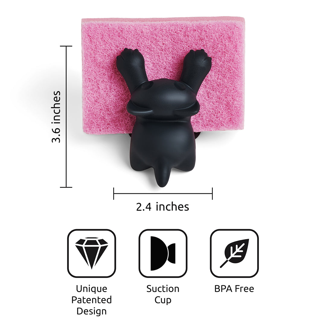 Scrubby by OTOTO: Pink sponge with black cat holder, 3.6x2.4 inches, includes a suction cup feature.