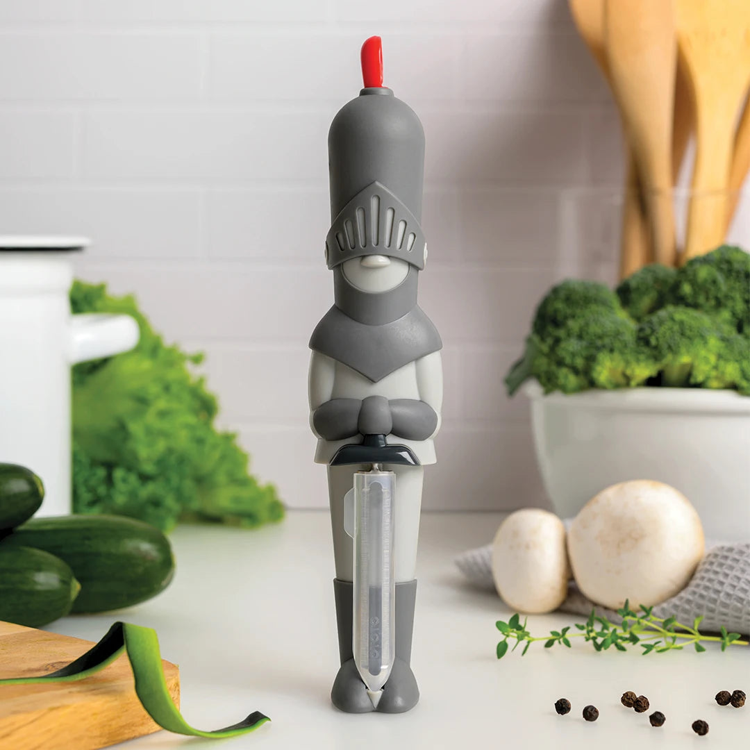 Sir Peels A-lot, the knight-like peeler from OTOTO, stands proudly on the kitchen counter.