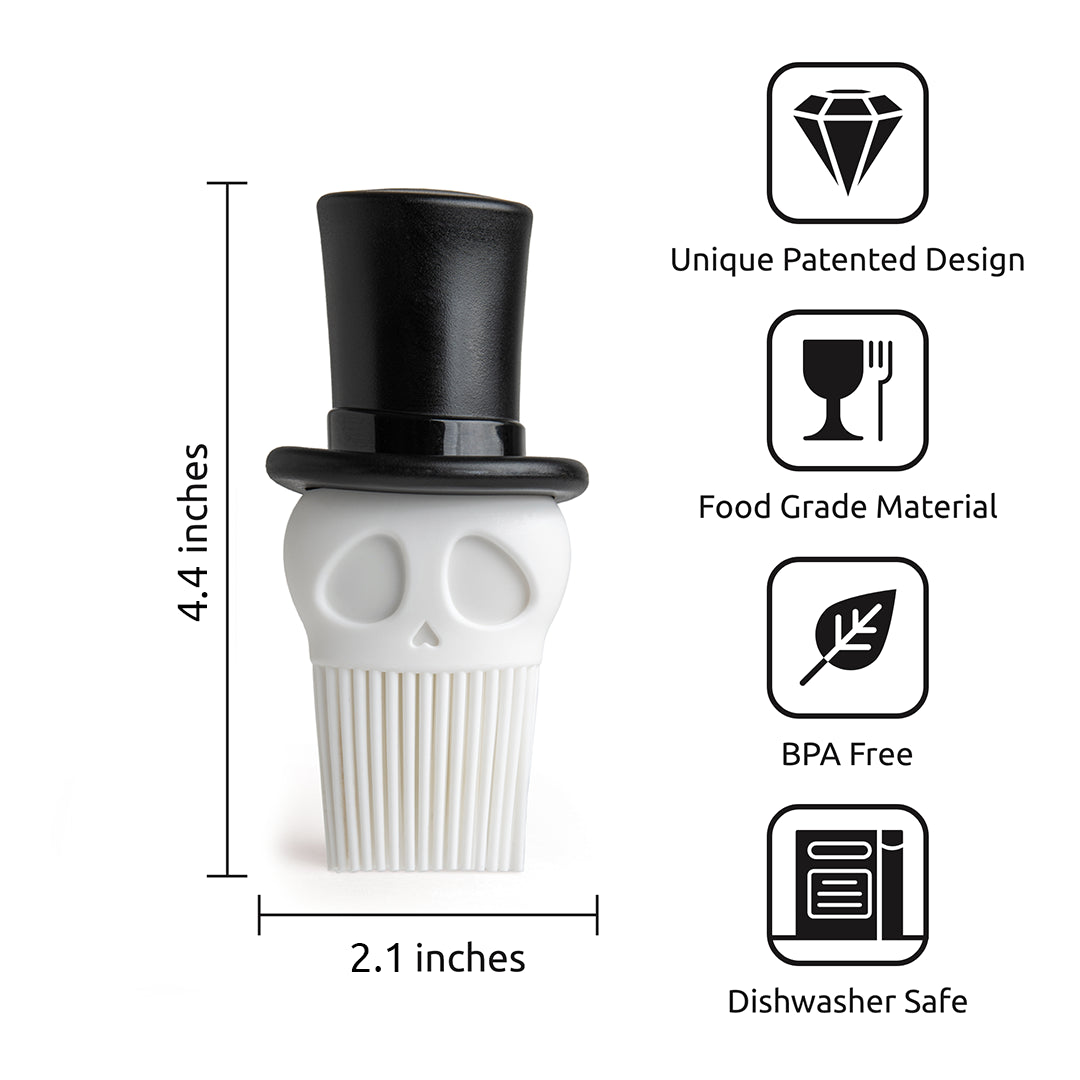 Skully: Skull-shaped grill brush with top hat; perfect for cooking; BPA-free & dishwasher-safe.