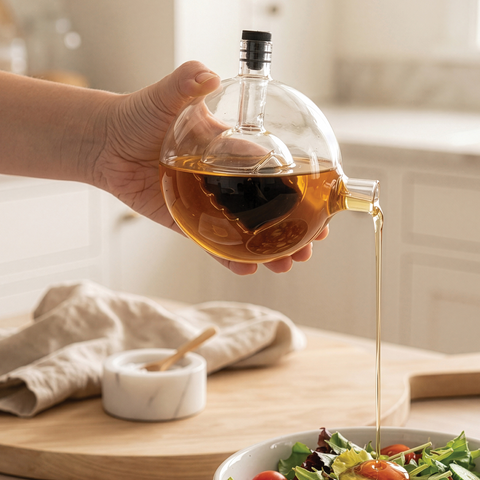 Hand pouring oil from a Skully dispenser onto salad in a bright, neutral kitchen.