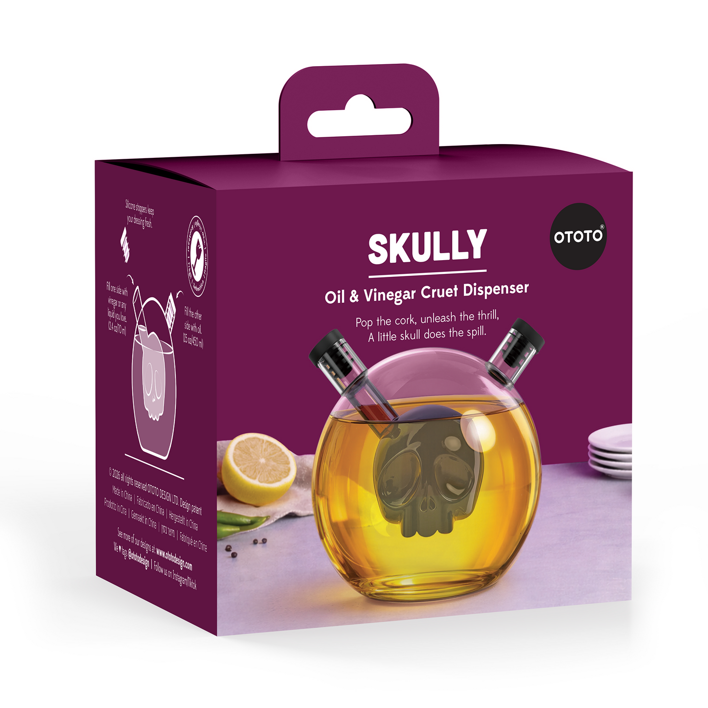 Box for Skully-Olio by OTOTO—a quirky oil and vinegar dispenser with a skull-shaped charm.